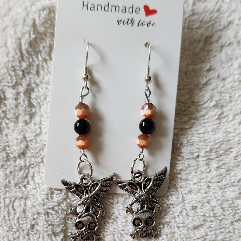 Handmade Silver and Black Skull Earrings